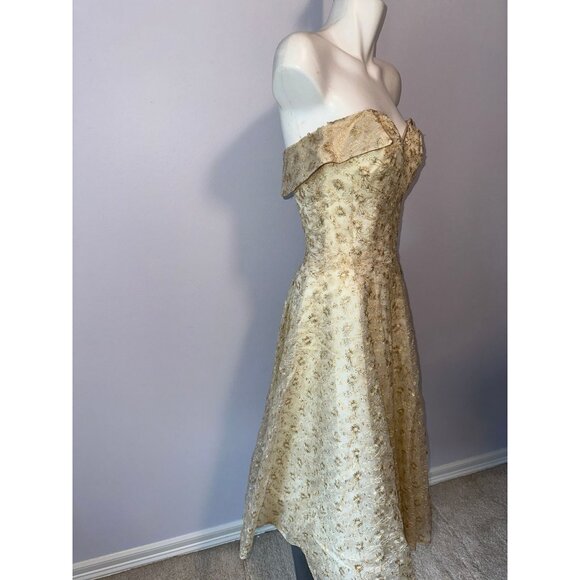 Vtg 50s Perullo David Hart Gold Floral Embroidered Strapless Dress Party Size S - Picture 6 of 8